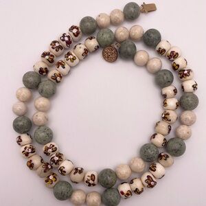 Elegant Hand Painted Bone Beaded Necklace with Green and Cream Natural Stones